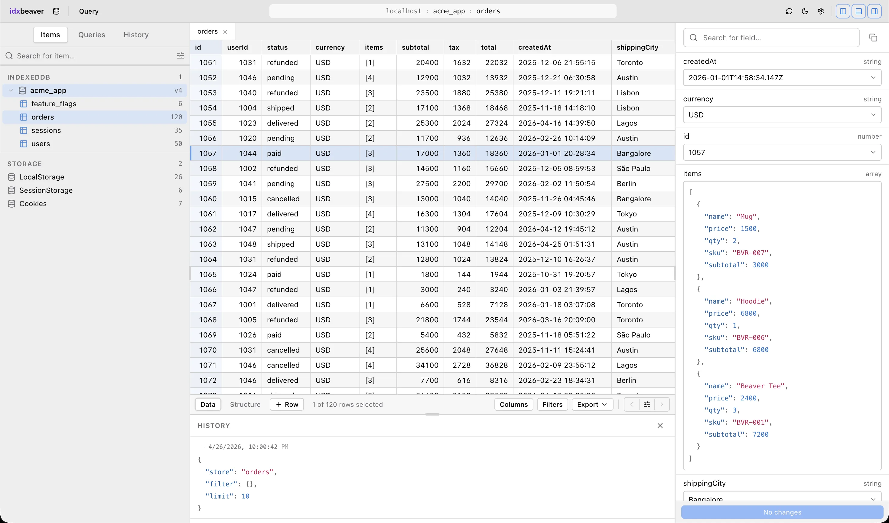IdxBeaver grid — virtualized rows with pinned key column and inline editing