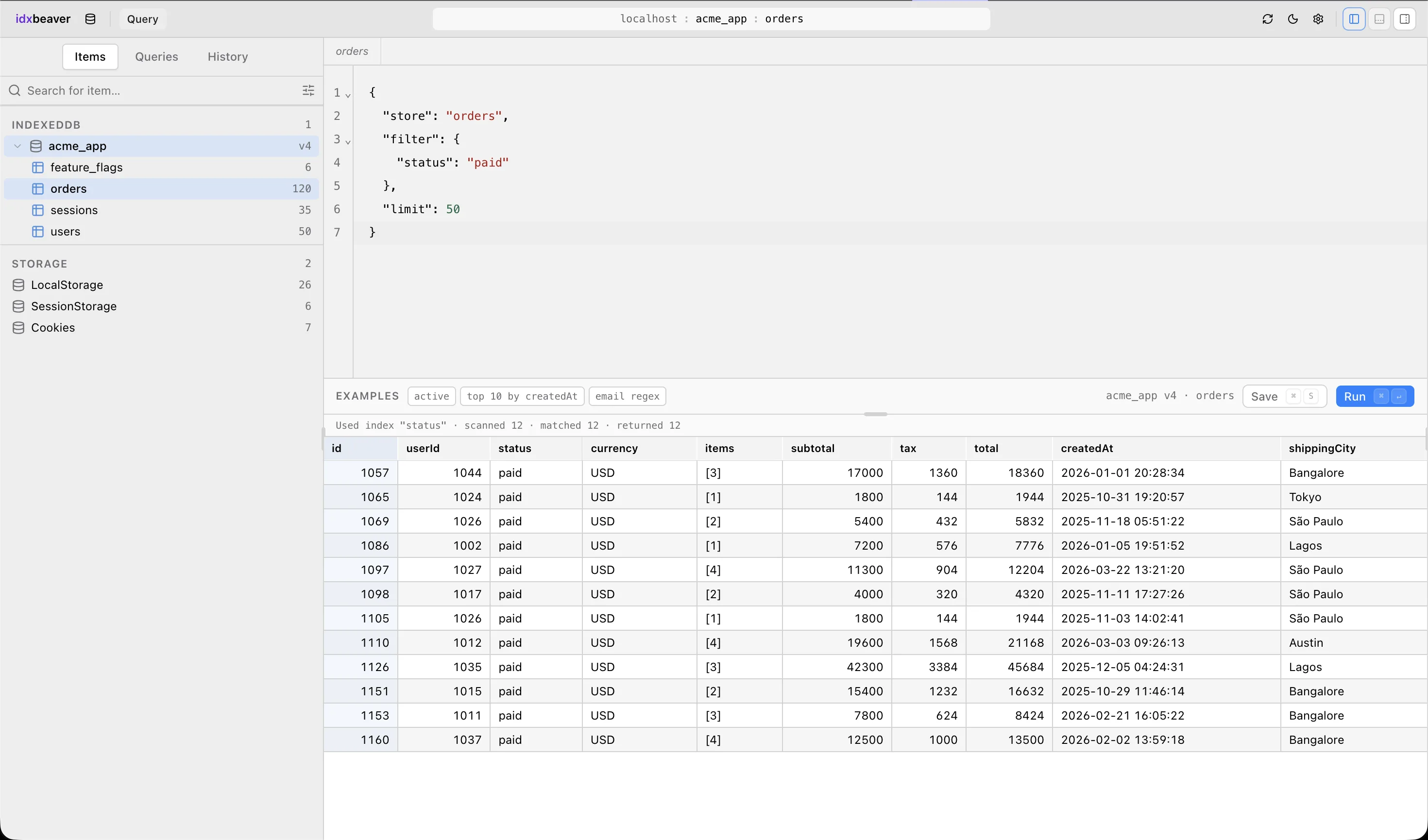 IdxBeaver query view — MongoDB-style filter against an IndexedDB store